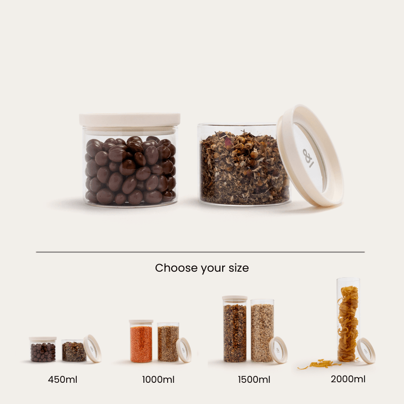 Seed & Sprout Wategos Round Glass Pantry Jars Size Guide and Capacity Options.   