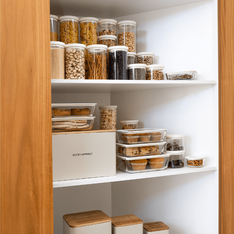 Seed & Sprout Wategos Round Glass Pantry Jars and Kitchen Organization Pantry Set.
