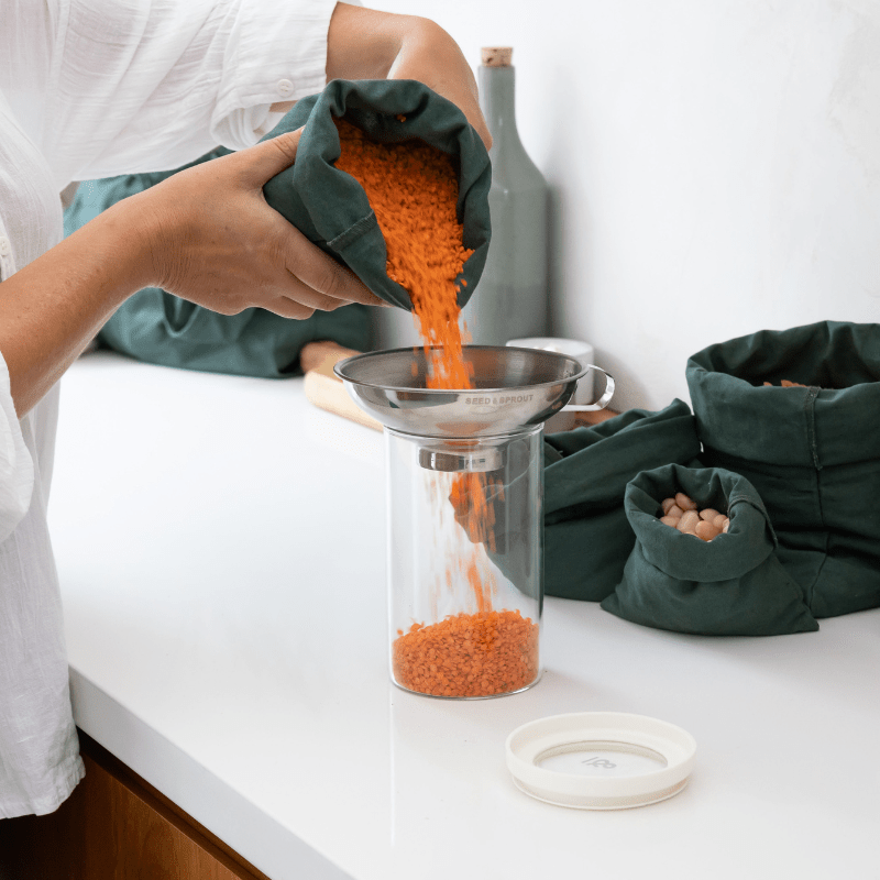 Seed & Sprout Stainless Steel Funnel and Glass Pantry Jar Zero Waste Kitchen Refill Set.