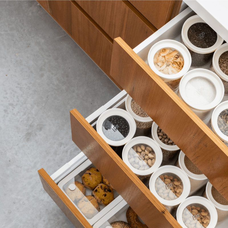Seed & Sprout Wategos Round Glass Pantry Jars Kitchen Drawer Organization Set.