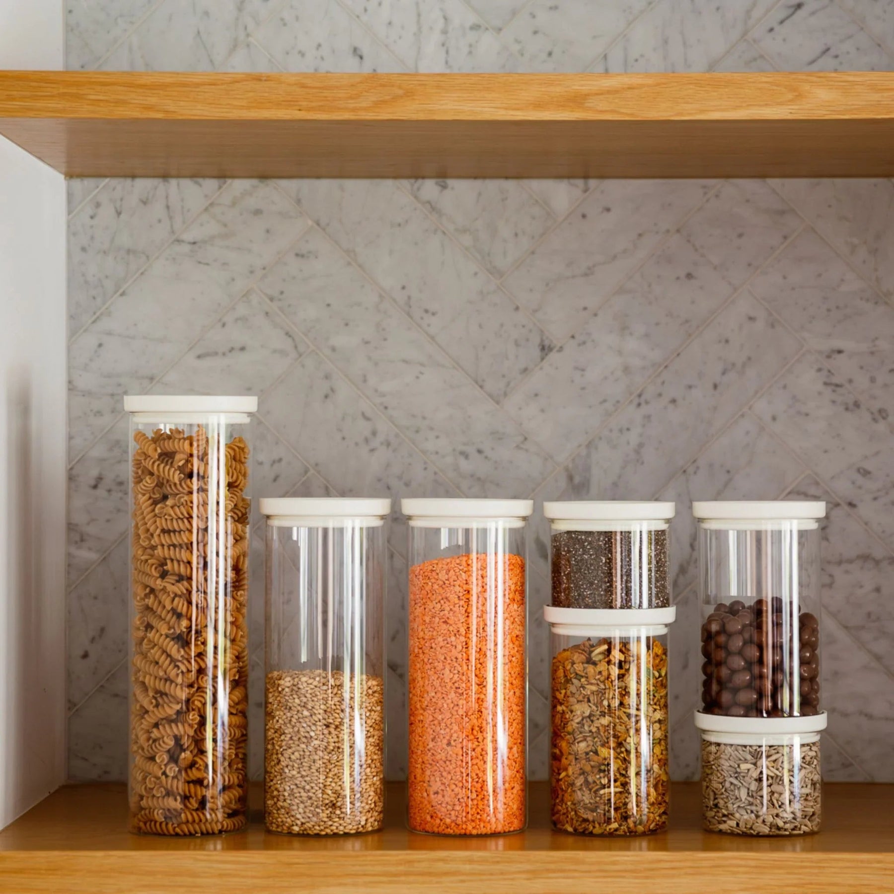 Seed & Sprout Wategos Round Glass Pantry Jars Collection on Shelving Set.