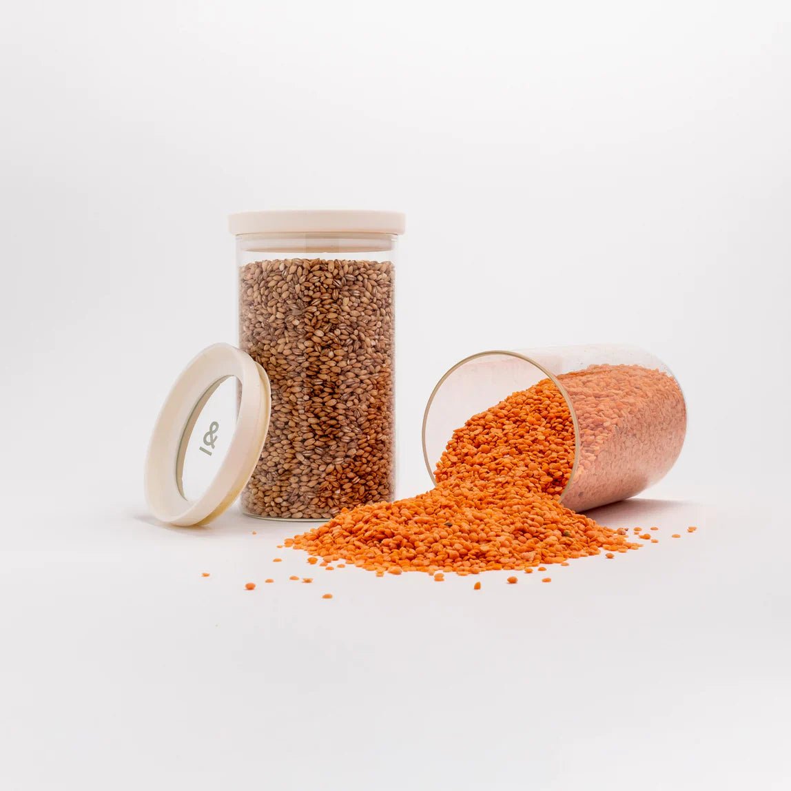 Seed & Sprout Wategos Round Glass Pantry Jars Set with Grains and Red Lentils.