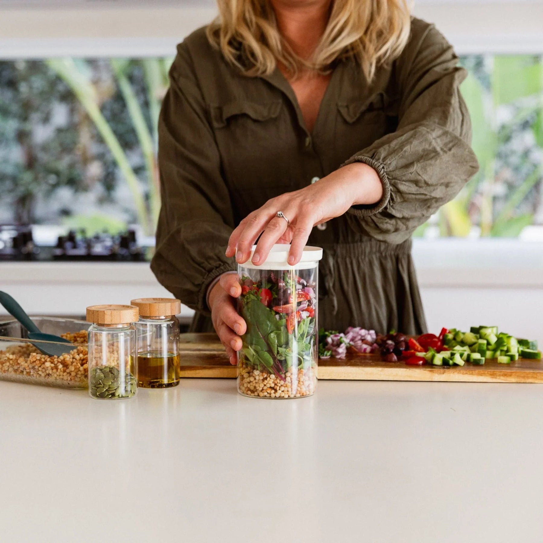 Seed & Sprout Wategos Round Glass Pantry Jar and Meal Prep Lifestyle Setting.