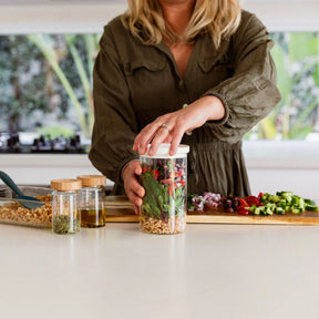 Seed & Sprout Wategos Round Glass Pantry Jar and Meal Prep Lifestyle Setting.