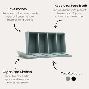Seed & Sprout Silicone 4 Portion Freezer Tray features and specifications infographic.