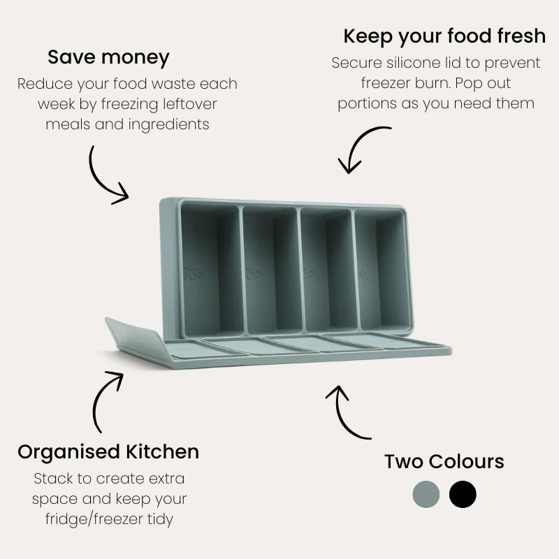 Seed & Sprout Silicone 4 Portion Freezer Tray features and specifications infographic.