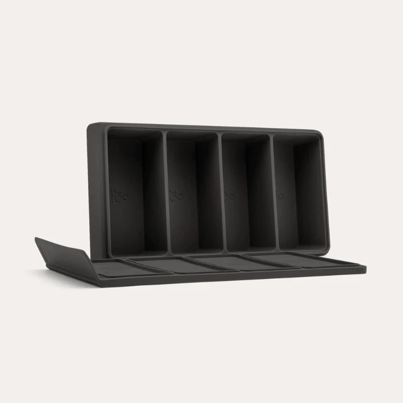 Seed & Sprout Silicone 4 Portion Freezer Tray in liquorice standing open display.