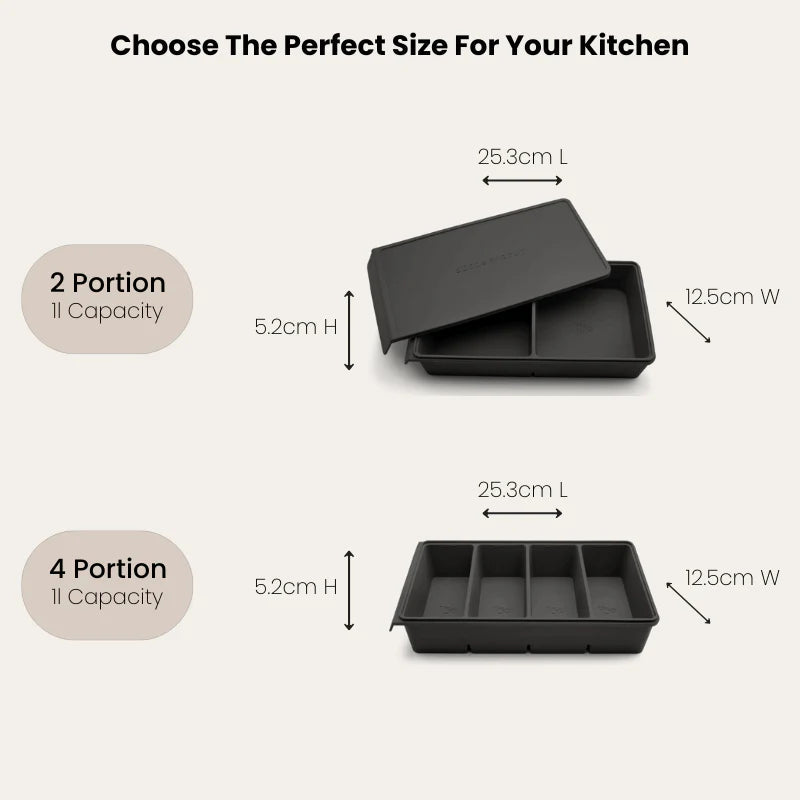 Seed & Sprout Silicone Freezer Tray size and capacity comparison infographic.