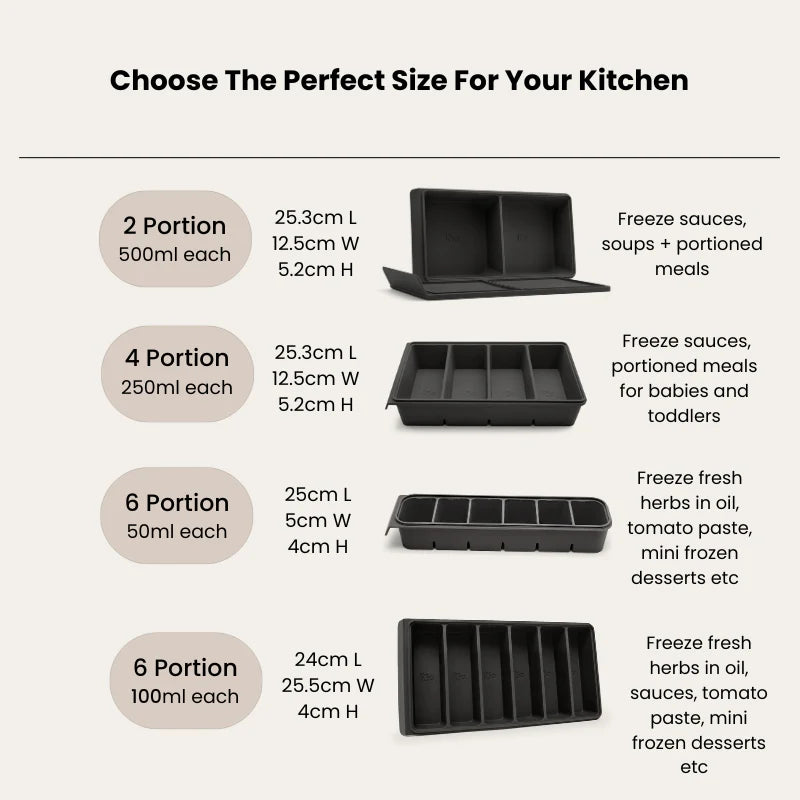 Seed & Sprout Silicone Freezer Tray size, dimensions, capacity, and usage guide infographic.