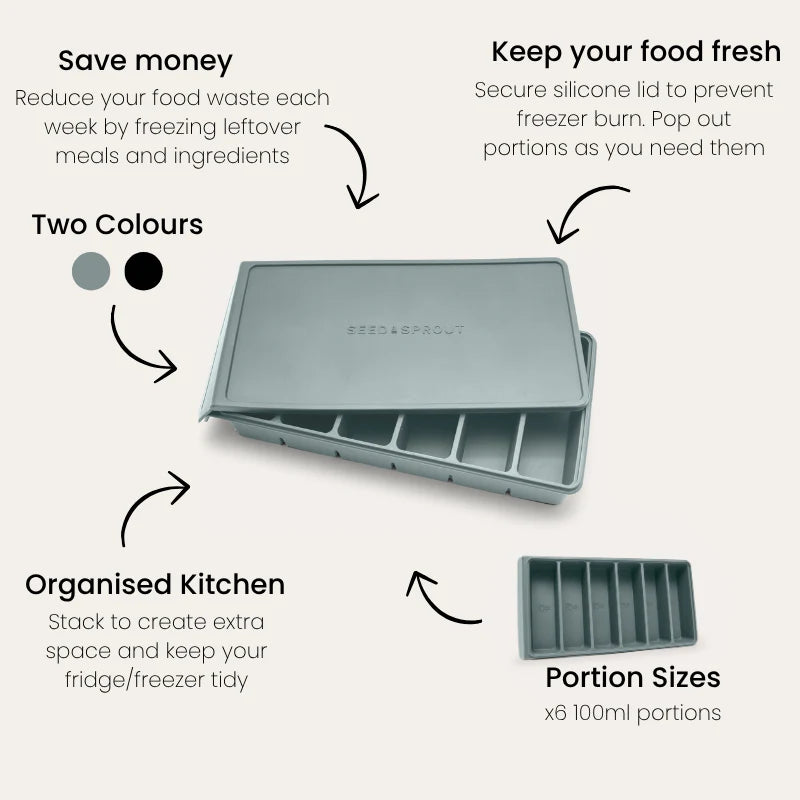 Seed & Sprout 6 Portion Silicone Freezer Tray features and specifications infographic.