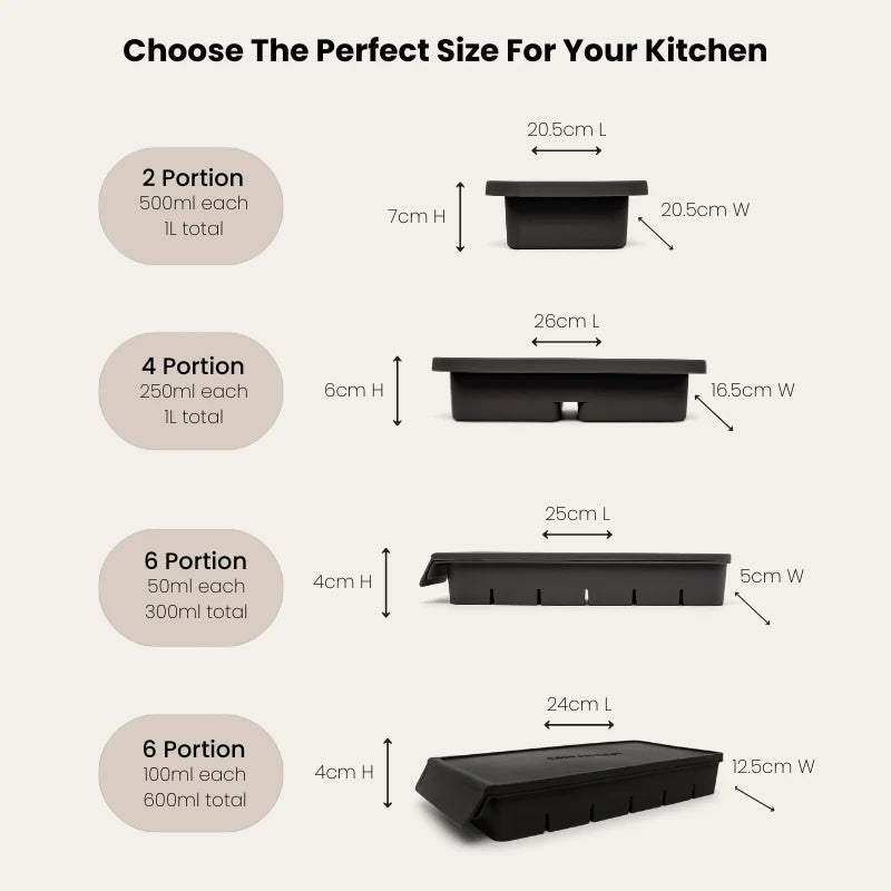 Seed & Sprout Silicone Freezer Tray size and dimension guide infographic.