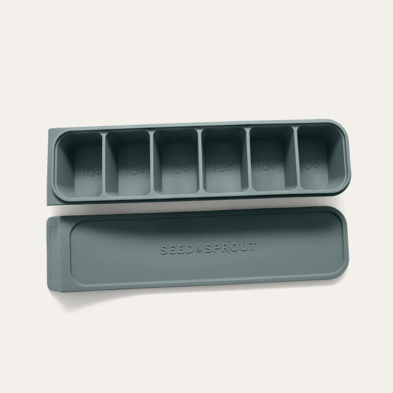 Seed & Sprout 6 Portion Eucalyptus Silicone Freezer Tray with embossed branding and lid.