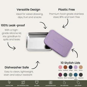 Seed & Sprout stainless steel CrunchPot snack container with a plum silicone lid, surrounded by feature callouts detailing key product specifications.
