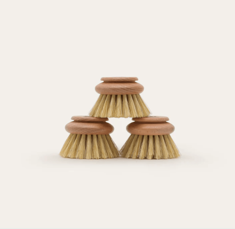 Seed & Sprout wooden dish brush replacement heads with light sisal bristles arranged in a three-piece pyramid.