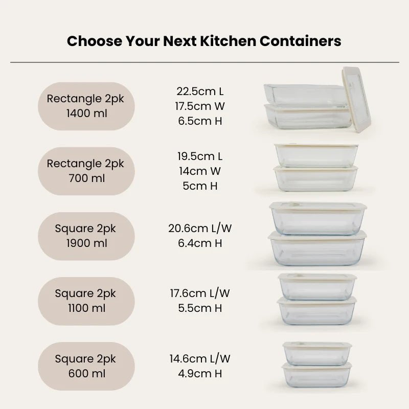 Seed & Sprout Glass Food Containers size and capacity comparison guide.