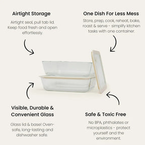 Seed & Sprout Rectangle Glass Food Containers 2-pack features and benefits infographic.