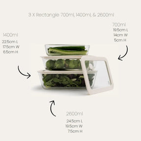 Seed & Sprout Glass Food Containers Rectangle Mixed 3pk sizing and capacity diagram.