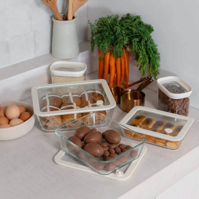 Seed & Sprout Glass Food Containers Mixed 3pk lifestyle view on a kitchen counter.