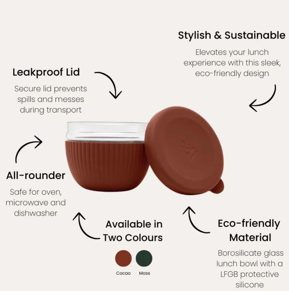 Seed & Sprout 1000ml glass lunch bowl in Cocoa featuring an LFGB protective silicone sleeve and a secure, leakproof matching lid, highlighted with key product features including eco-friendly borosilicate glass construction, oven, microwave, and dishwasher safety, and color options including Cacao and Moss.