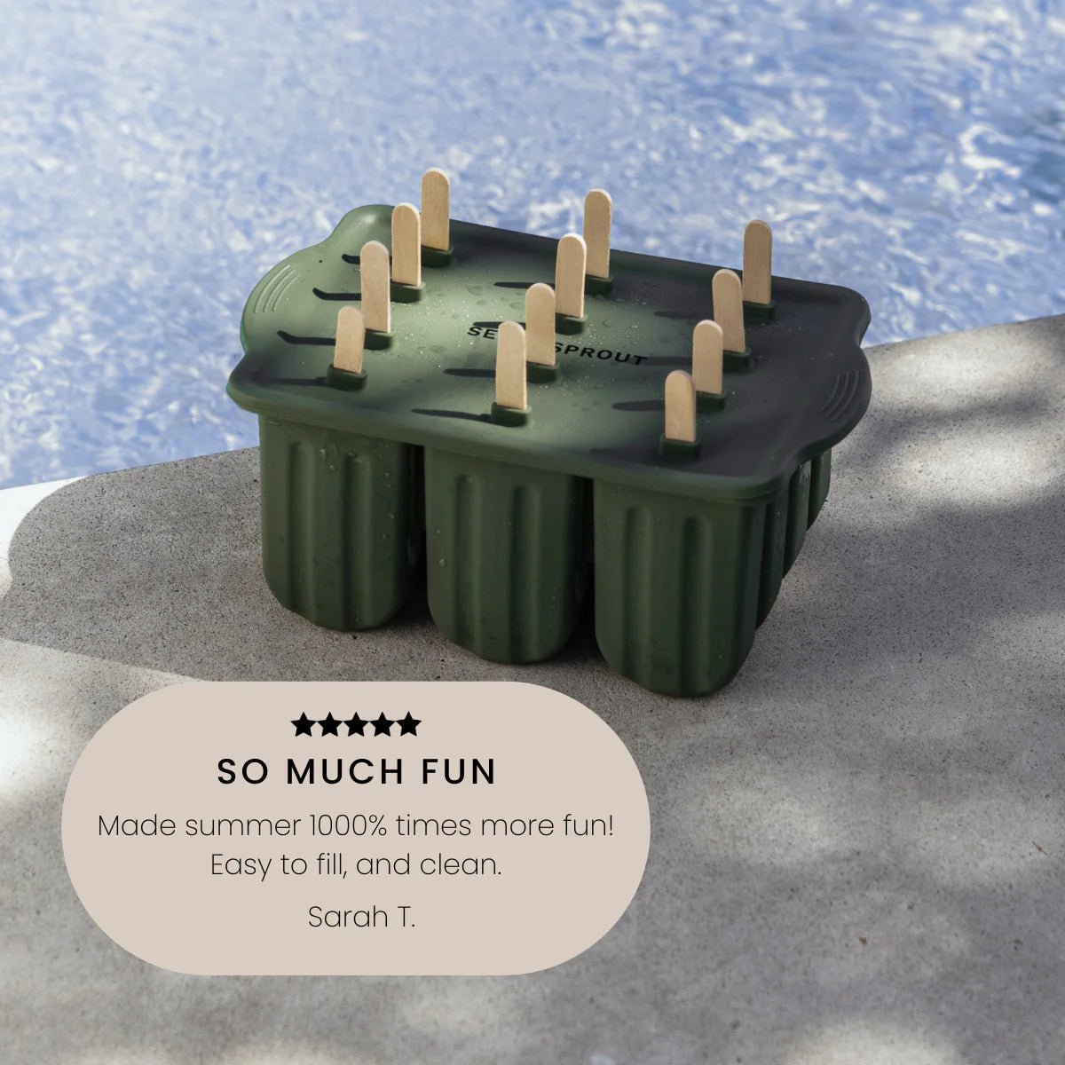 Seed & Sprout eucalyptus silicone icy pole mould placed by a sparkling swimming pool edge with a customer review quote overlay.