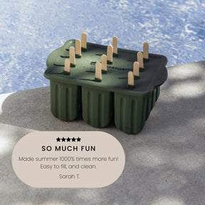 Seed & Sprout eucalyptus silicone icy pole mould placed by a sparkling swimming pool edge with a customer review quote overlay.