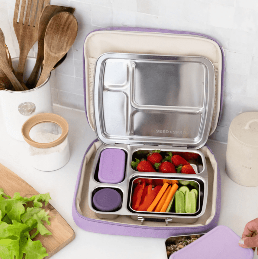 Seed & Sprout stainless steel CrunchBox bento lunch box with plum silicone accessories, packed with fresh strawberries, carrot sticks, and cucumber slices inside a matching purple insulated lunch bag.