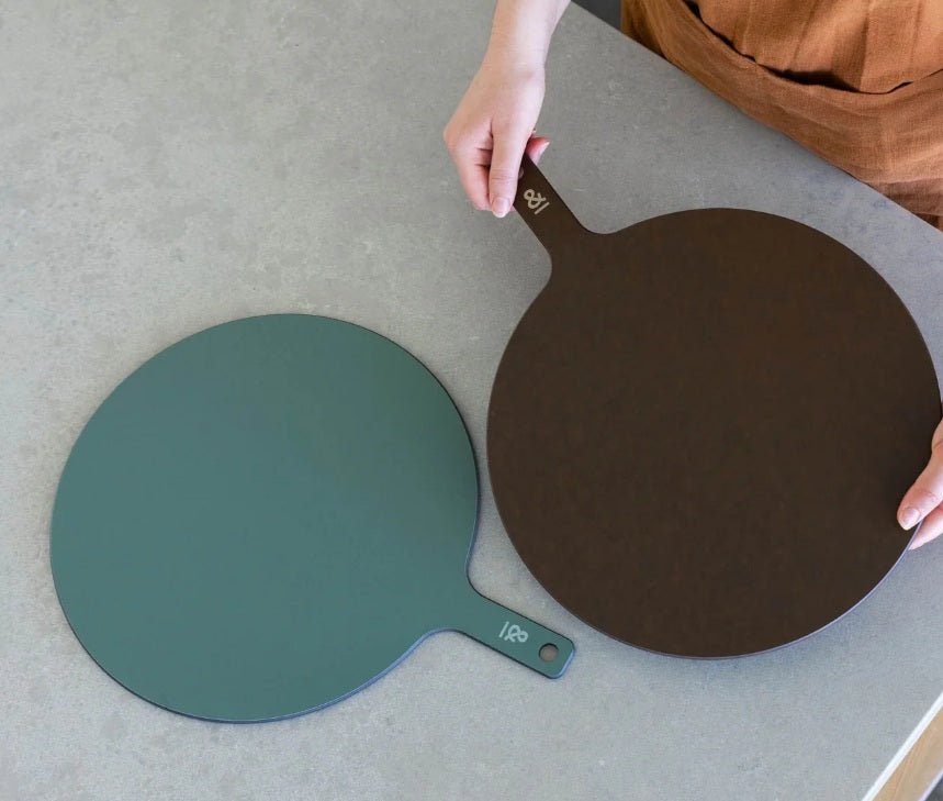 Seed & Sprout Limited Edition Round Wood Fibre Chopping Board in eucalyptus and nutmeg.