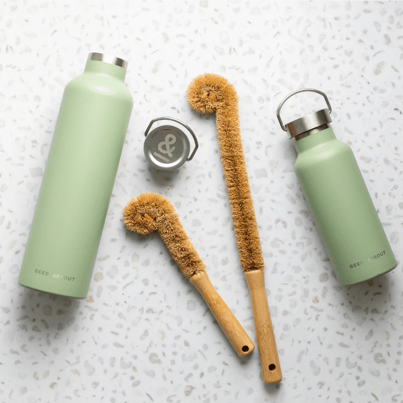 Seed & Sprout Beechwood Bottle Brushes and Insulated Drink Flasks flat lay styling.