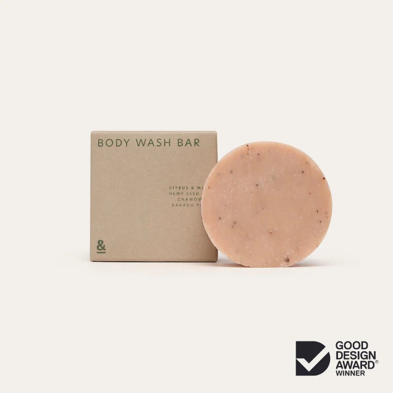 Seed & Sprout Citrus & Mint natural body wash bar displayed beside its eco-friendly cardboard packaging with a Good Design Award winner.