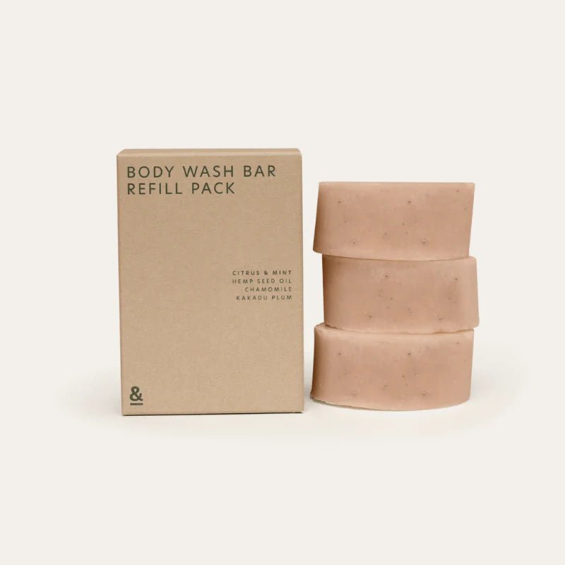 Seed & Sprout Citrus & Mint natural body wash bar refill pack featuring a stack of three solid soap bars next to their eco-friendly cardboard box.