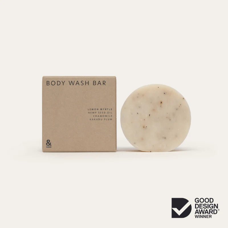 Seed & Sprout Natural Body Wash Bar in Lemon Myrtle with packaging and Good Design Award Winner badge.