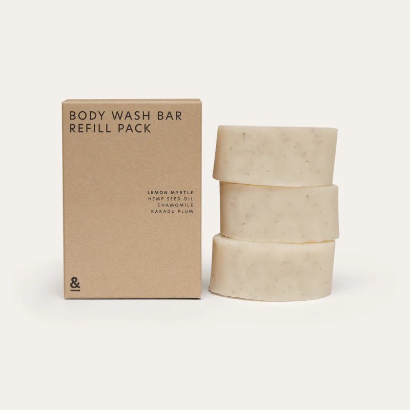 Seed & Sprout Lemon Myrtle Body Wash Bar Refill Pack and stacked soap bars.