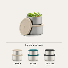 Seed & Sprout stainless steel nesting containers featuring a color selection guide displaying Almond, Forest, and Liquorice lid options.
