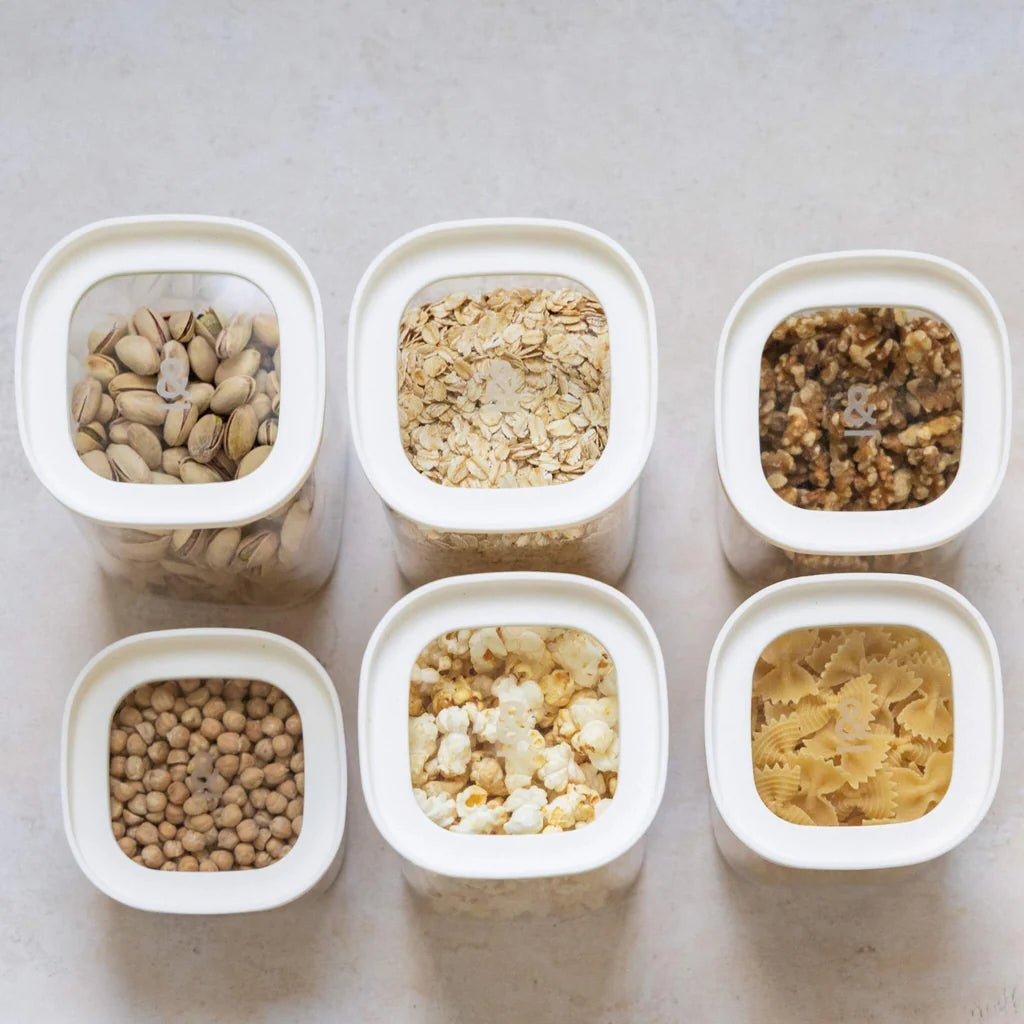 Seed & Sprout Newrybar Square Glass Pantry Jars filled with organized pantry staples.