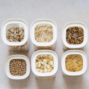 Seed & Sprout Newrybar Square Glass Pantry Jars filled with organized pantry staples.