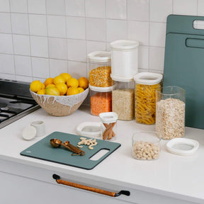 Seed & Sprout Newrybar Square Glass Pantry Jars styled in an organized kitchen setting.