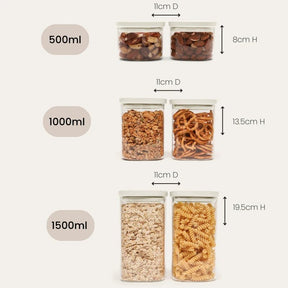 Seed & Sprout Newrybar Square Glass Pantry Jars 2pk size, dimensions, and capacity guide infographic.
