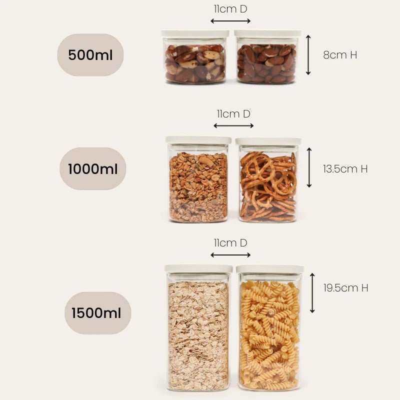 Seed & Sprout Newrybar Square Glass Pantry Jars 2pk size, dimensions, and capacity guide infographic.