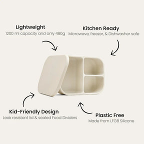 Seed & Sprout Silicone Bento Box in Mushroom features and specifications infographic.