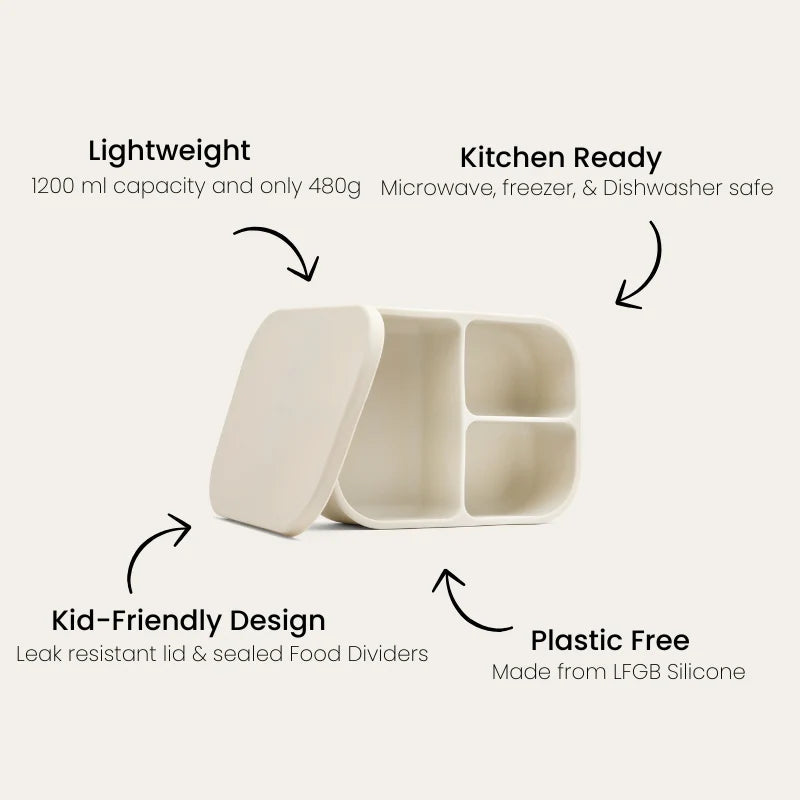 Seed & Sprout Silicone Bento Box in Mushroom features and specifications infographic.