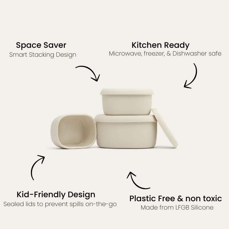 Seed & Sprout Silicone Nesting Containers features and specifications infographic.