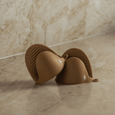 Seed & Sprout Praline Silicone Oven Mitt Set in Marble Countertop Setting.