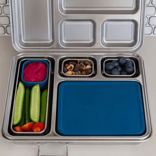 Seed & Sprout CrunchBox 2.0 stainless steel lunch box packed with a healthy meal prep in blue.