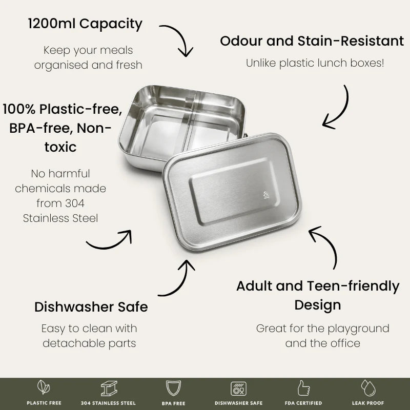 Seed & Sprout Stainless Steel Lunch Box 1200ml features and specifications infographic.