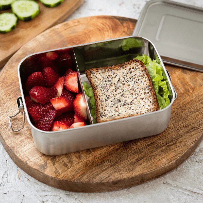 Seed & Sprout stainless steel lunch box packed with a sandwich and fresh strawberries.