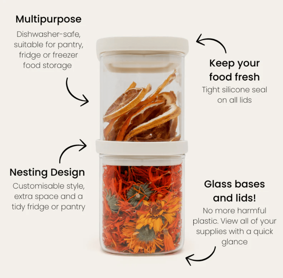 Seed & Sprout Tallow pantry container feature guide highlighting stackable design and oatmeal lids.