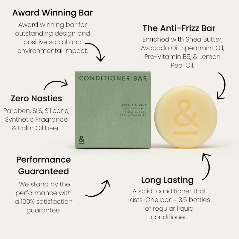 Seed & Sprout Citrus & Mint Conditioner Bar features and benefits infographic.