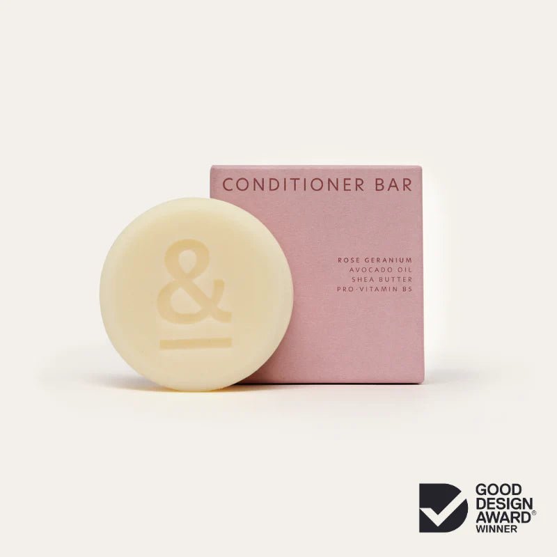 Seed & Sprout Rose Geranium Conditioner Bar with pink packaging and Good Design Award Winner badge.
