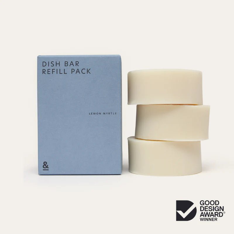 Seed & Sprout Lemon Myrtle Dish Bar Refill Pack and stacked soap bars.