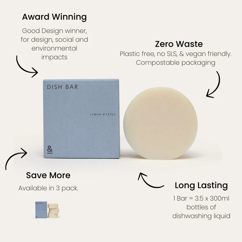 Seed & Sprout Lemon Myrtle Dish Bar features and benefits infographic.